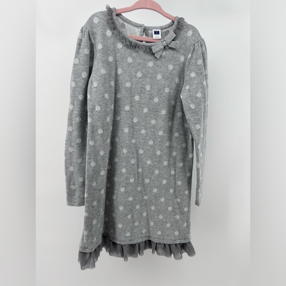 Janie And Jack Girls Size 7 Crew Neck Sweater Dress Gray Metallic Polka Dot
